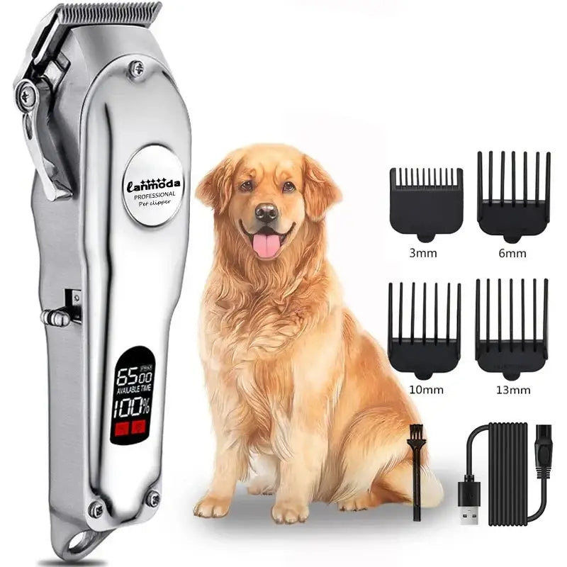 Electric dog grooming clipper with various attachment combs.