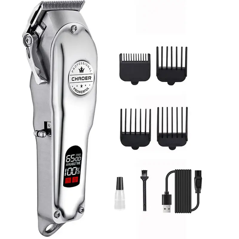 Electric hair clipper with digital display and accompanying attachments.