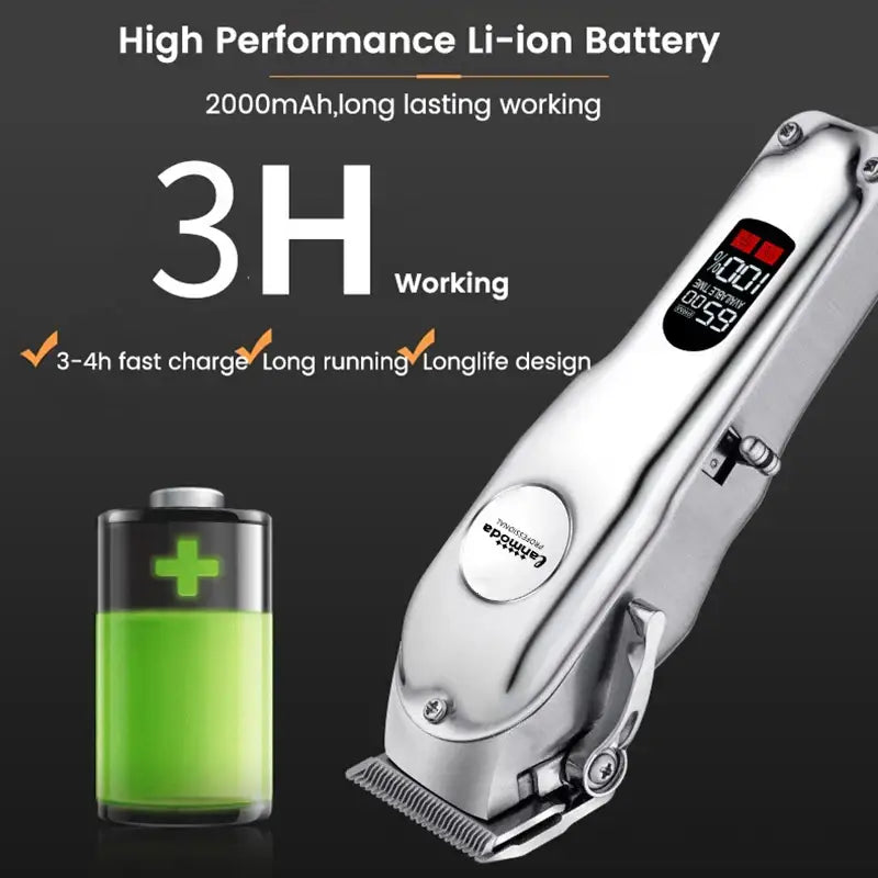 Electric hair clipper with a digital display and rechargeable lithium-ion battery.