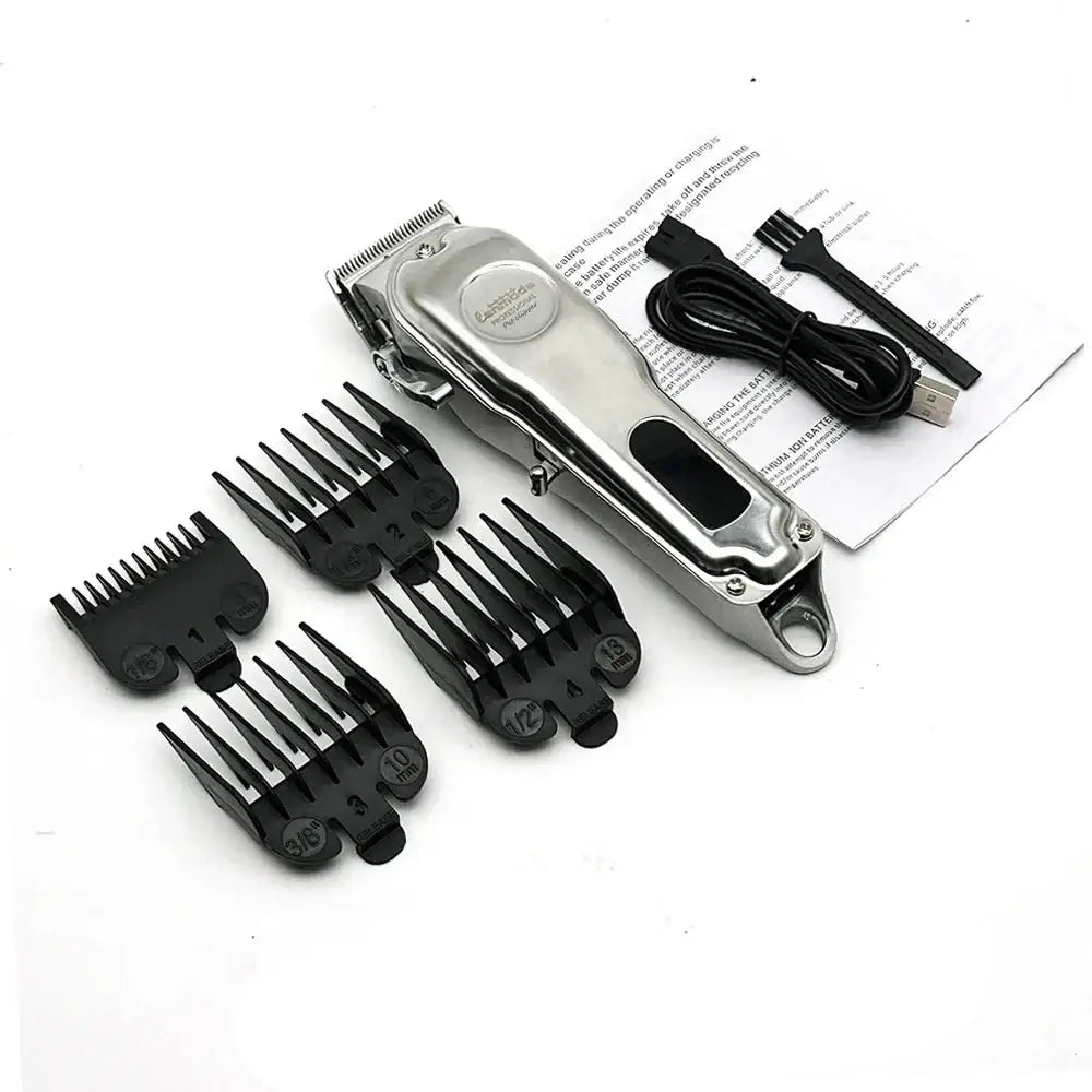 Electric hair clipper with multiple attachment combs and a charging cord.