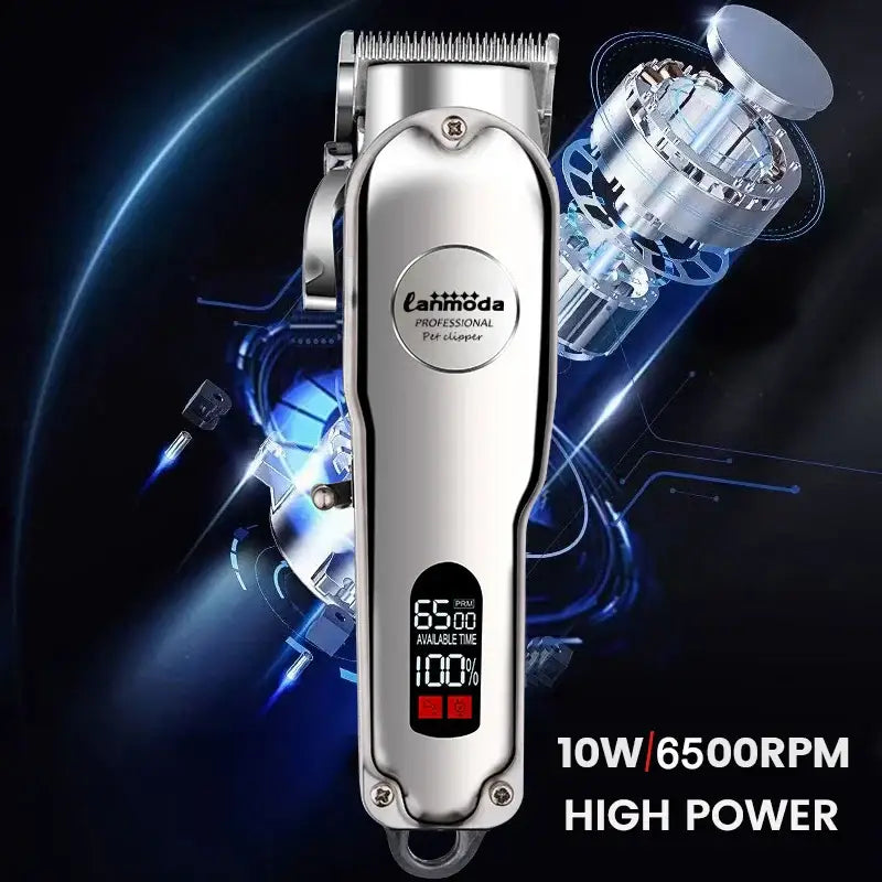 Professional electric hair clipper with a metallic silver body and digital display.