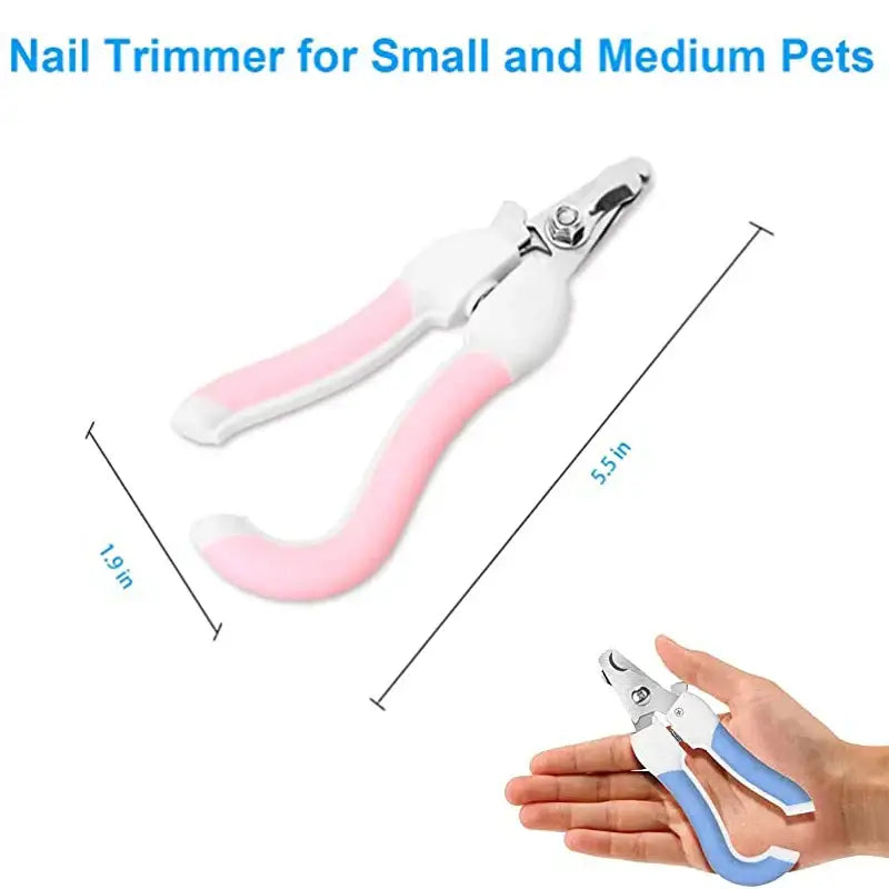 Nail trimmer with pink and white handles designed for small and medium pets.