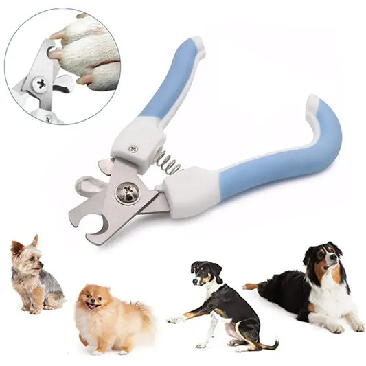 Pet nail clipper with blue handles and a safety guard.