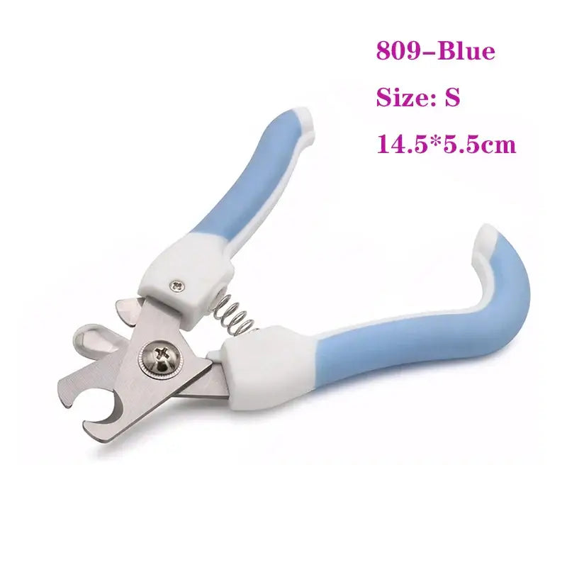 Pet nail clipper with blue handles and a safety guard.