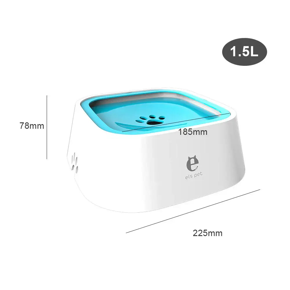 Pet water bowl with a blue top and white base, featuring dimensions and capacity markings.