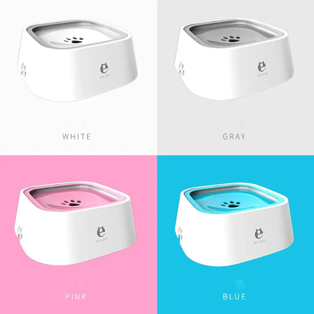 Pet water bowl in four color variations: white, gray, pink, and blue.