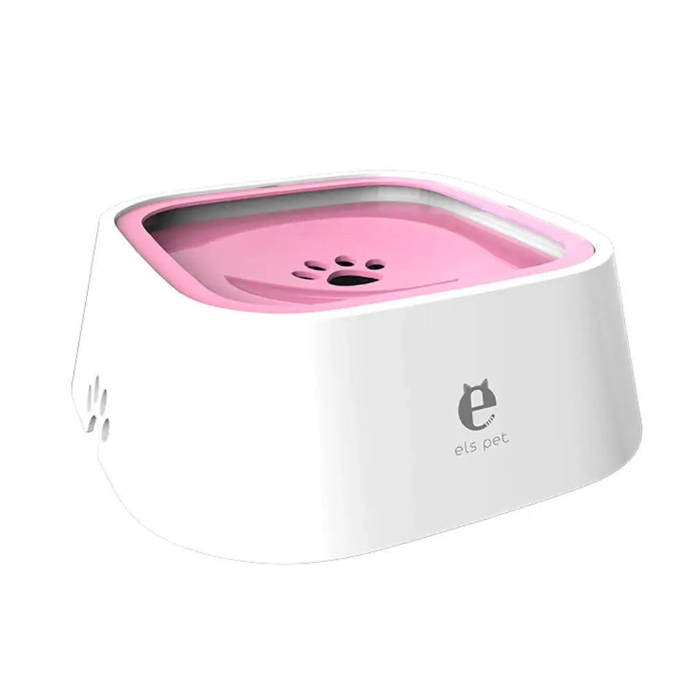 Pet water bowl with a white base and pink inner tray featuring a paw print design.