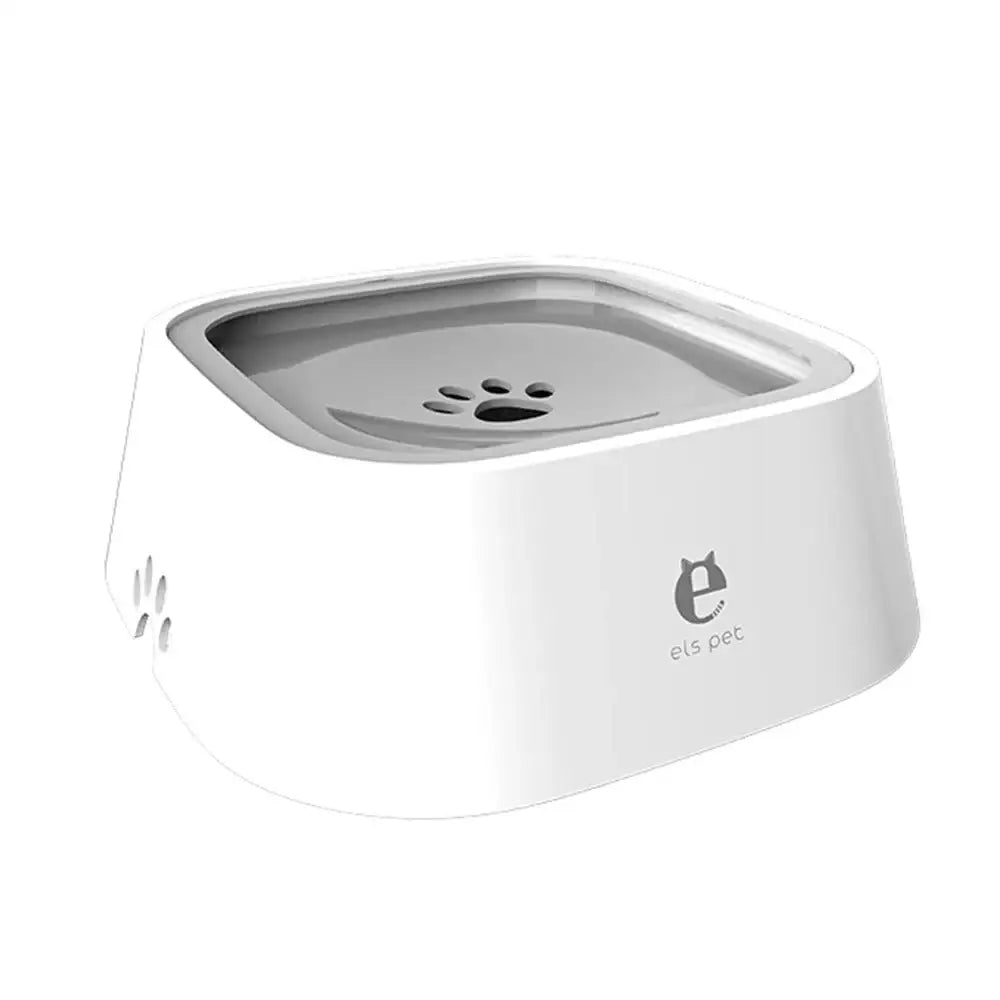 White pet water bowl with a paw print design on the inner surface.