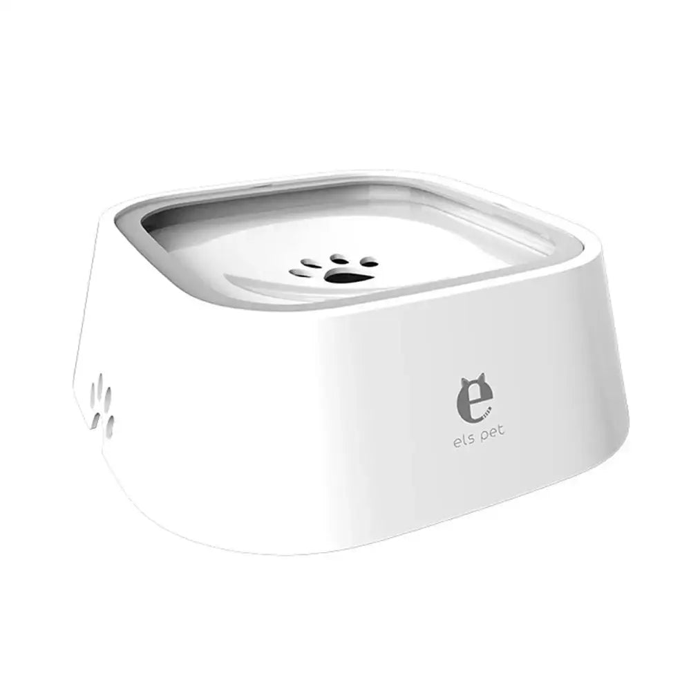 White pet water bowl with a paw print design on the lid.