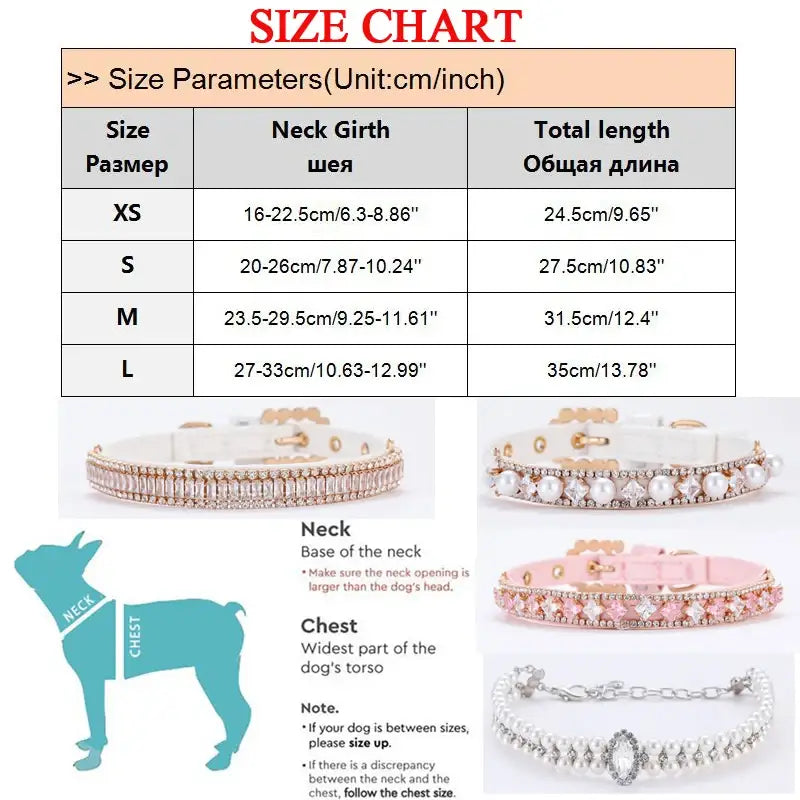 Size chart for dog collars or necklaces with measurements and example product images.