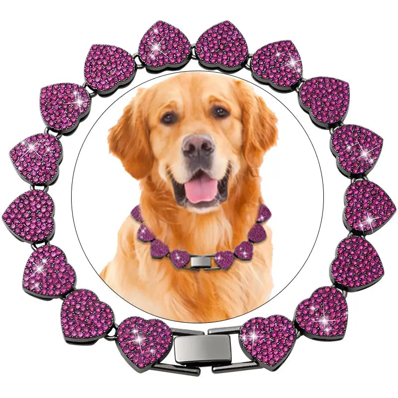 Golden Retriever dog wearing a purple collar, framed by a circular border of sparkly pink heart-shaped gems.