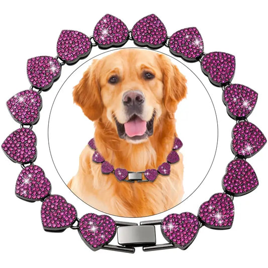 Golden Retriever dog wearing a purple collar, framed by a circular border of sparkly pink heart-shaped gems.