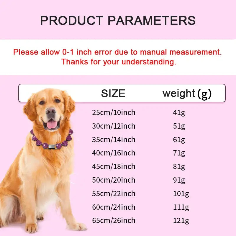 Golden Retriever dog sitting next to a size and weight chart for a product.