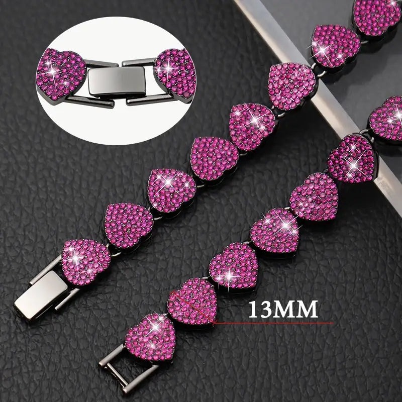 Sparkling pink heart-shaped bracelet with silver clasp.