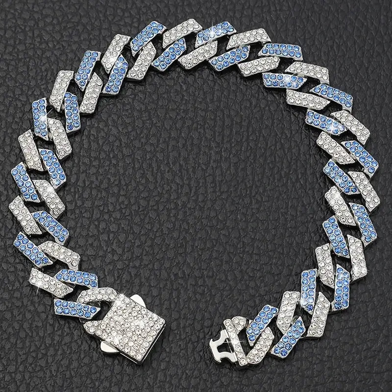 Glittering diamond-encrusted bracelet with alternating white and blue segments.