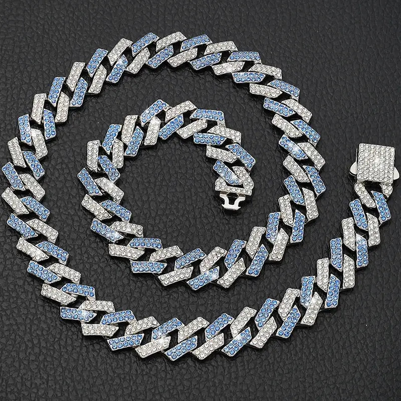 Glittering diamond-encrusted chain necklace with alternating blue and white segments.