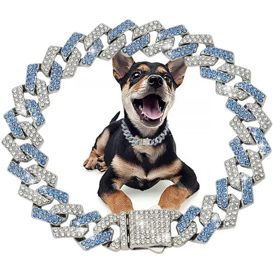 Excited Chihuahua dog wearing a diamond collar inside a glittery blue and white chain-link frame.