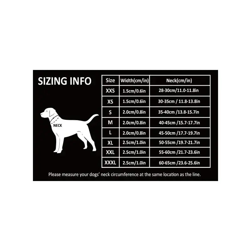 Sizing chart for dog clothing or accessories with silhouette and measurements.