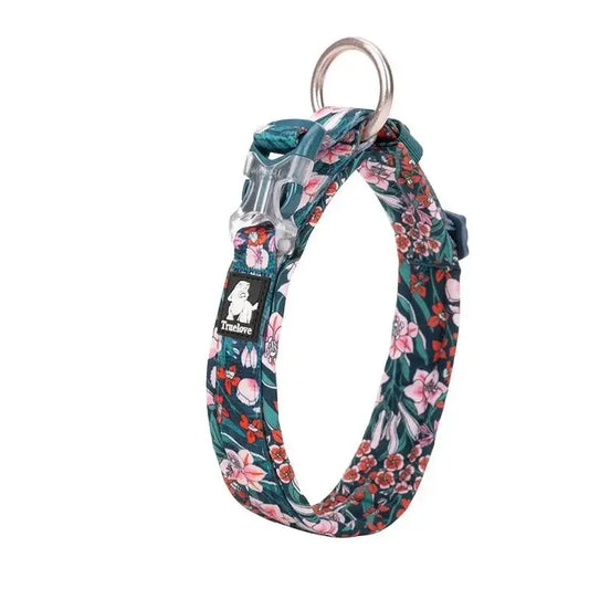 Floral patterned dog collar with a metal buckle and ring.