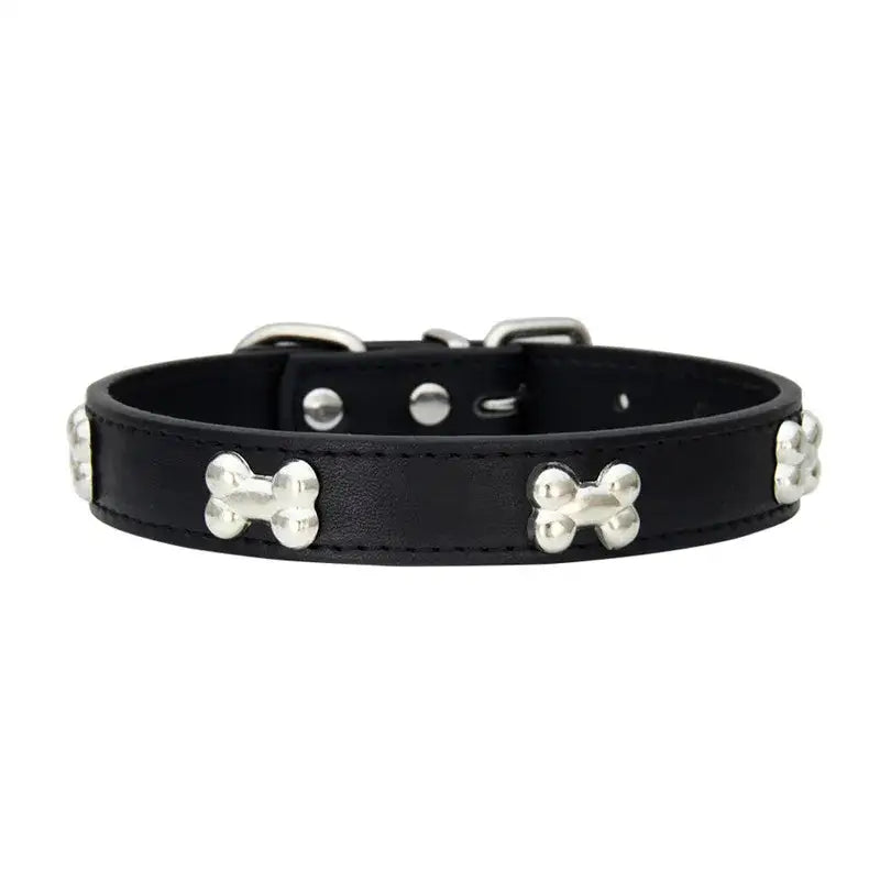 Black leather dog collar decorated with silver bone-shaped studs.