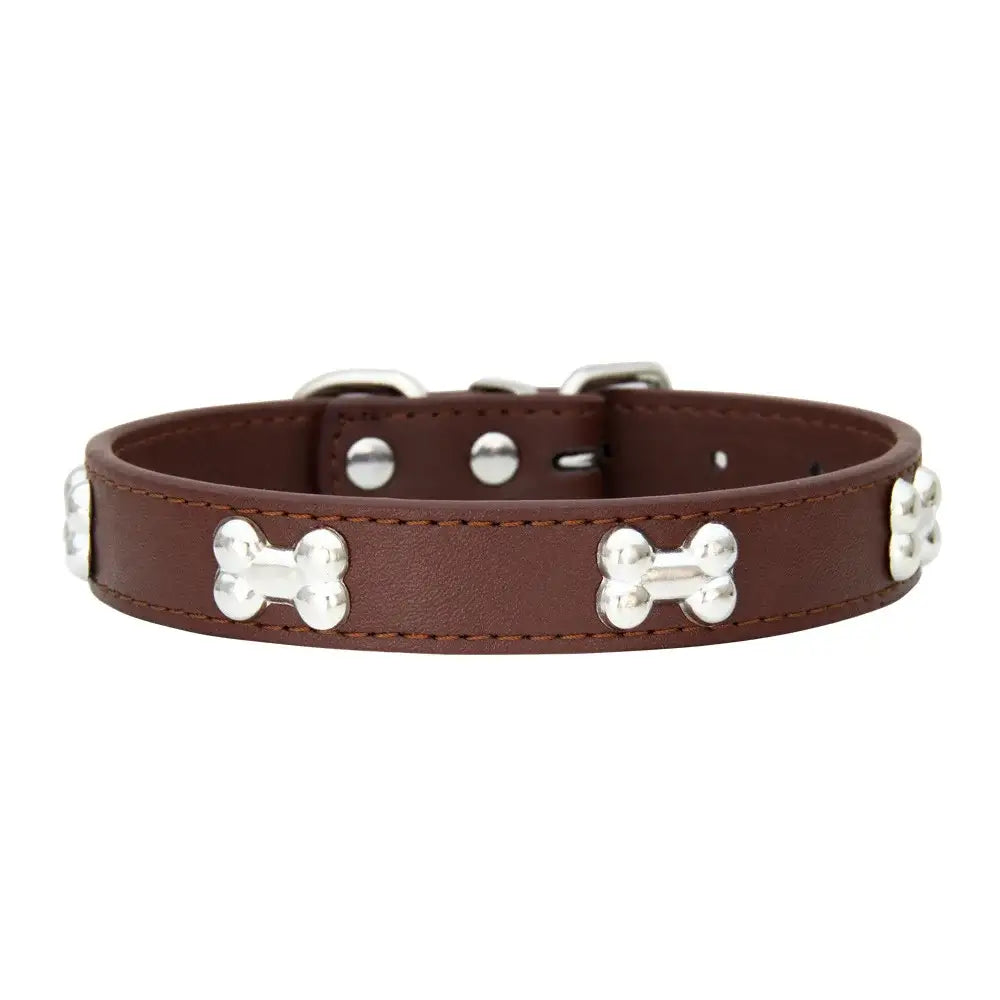 Brown leather dog collar decorated with silver bone-shaped studs.