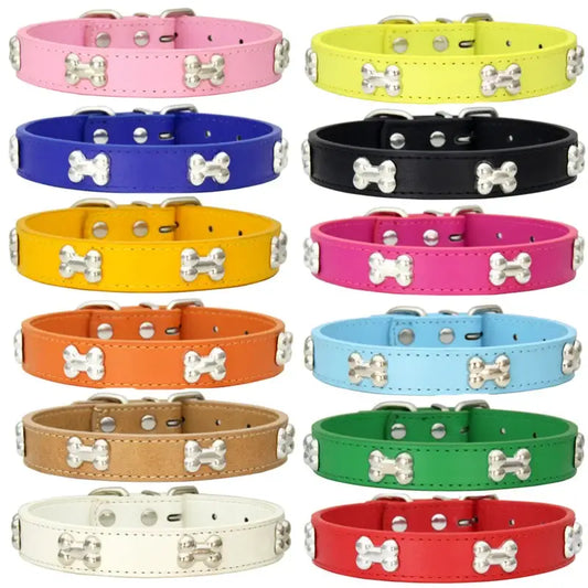 Colorful array of dog collars with bone-shaped decorations.