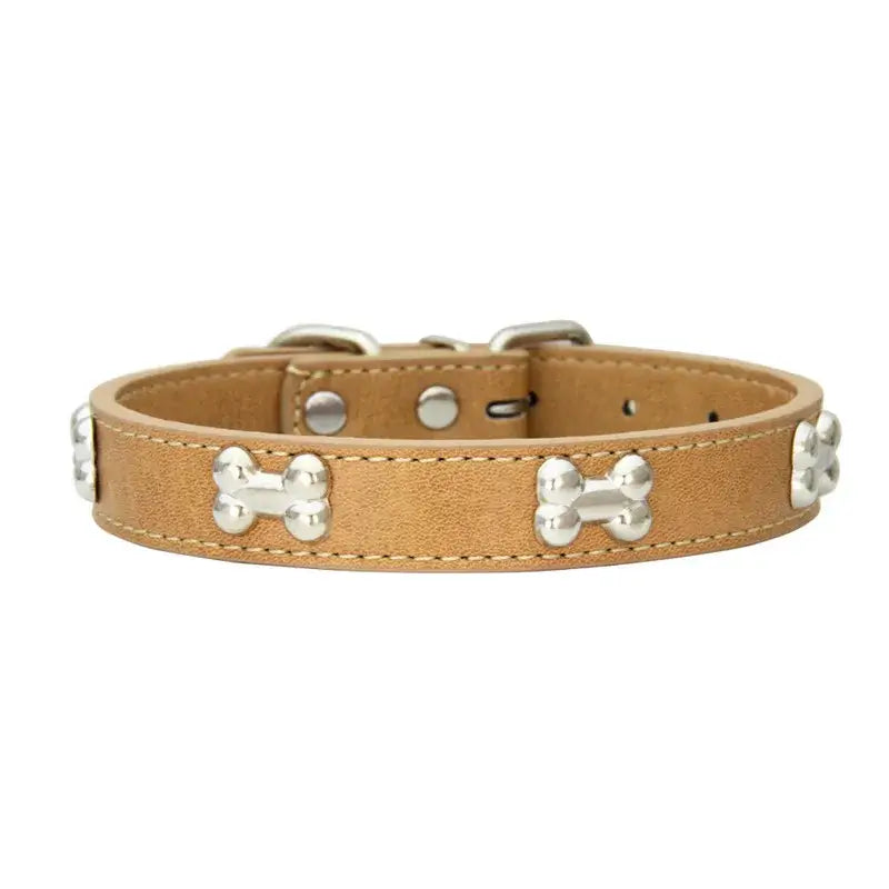 Tan leather dog collar decorated with silver bone-shaped studs.