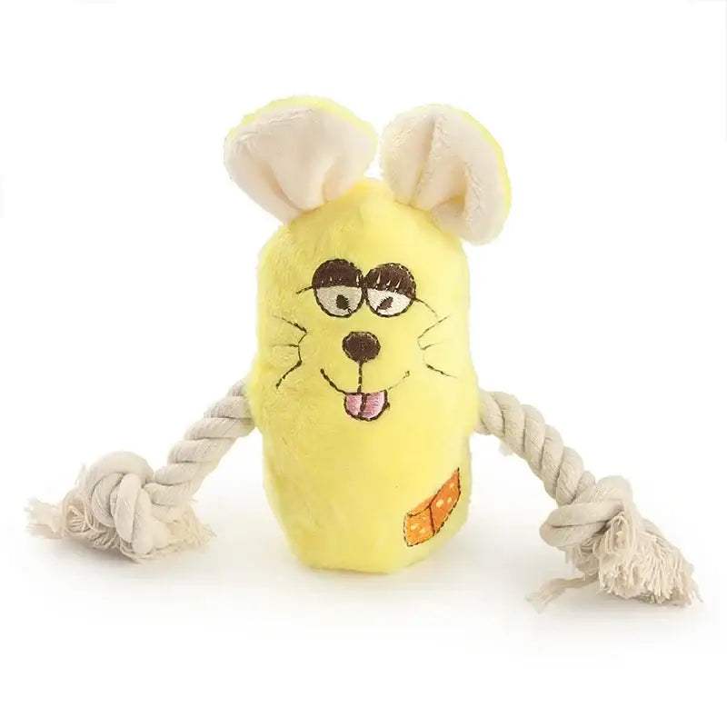 Yellow plush dog toy with floppy ears and rope arms.