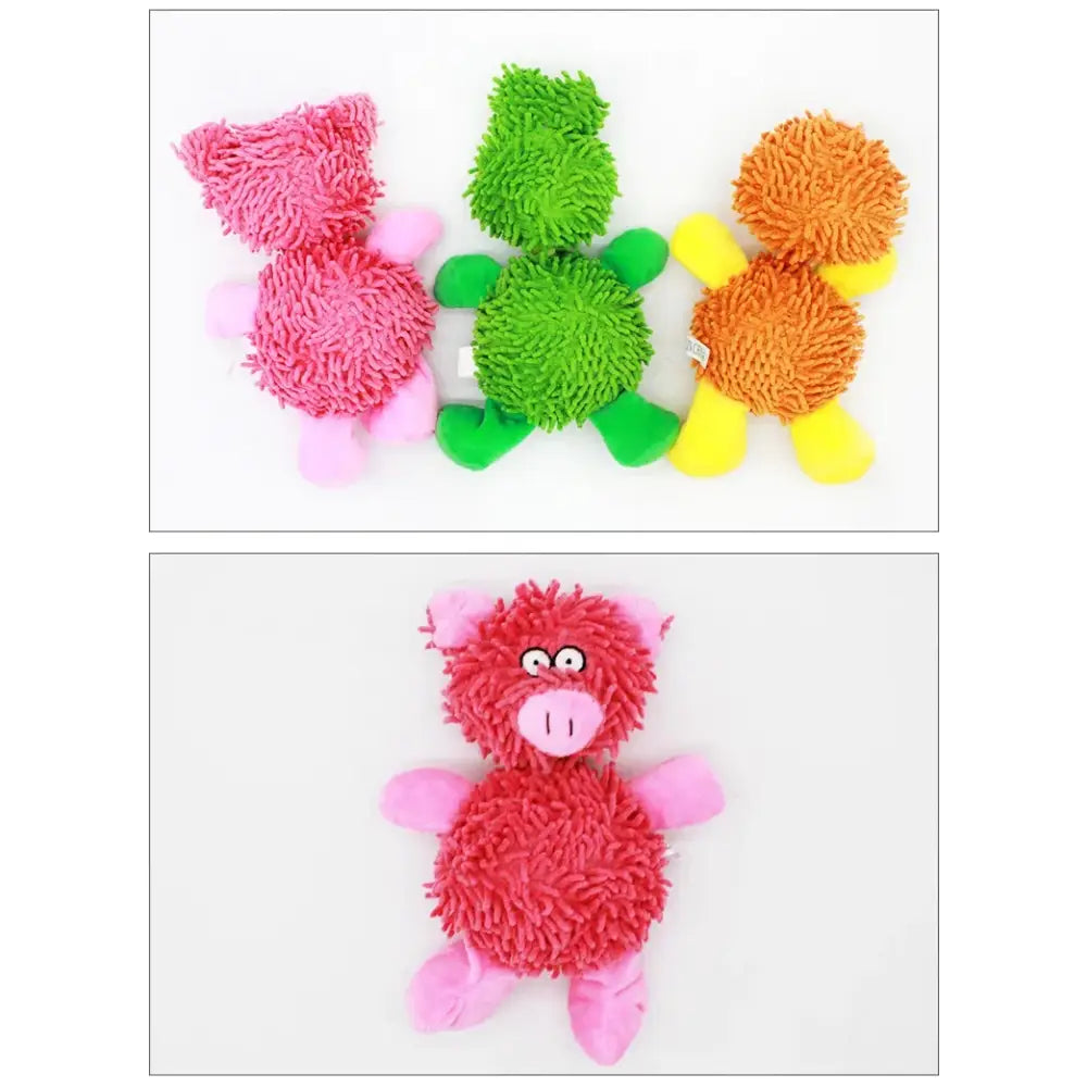 Colorful, fluffy toy animals with round bodies and simple features.