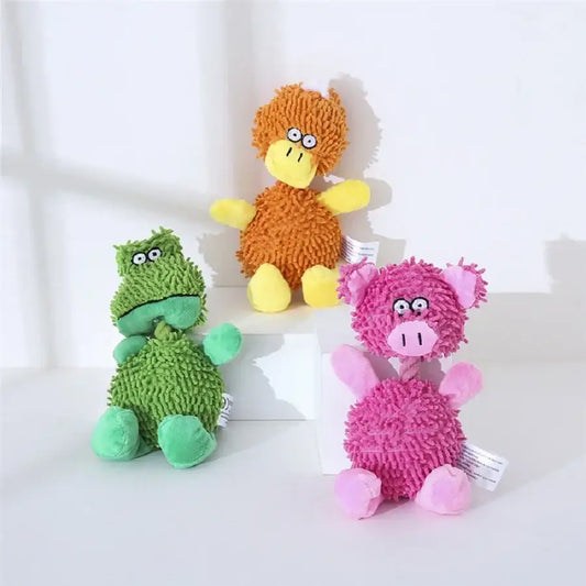 Three colorful plush toy animals with fuzzy textures and cartoon-like features.