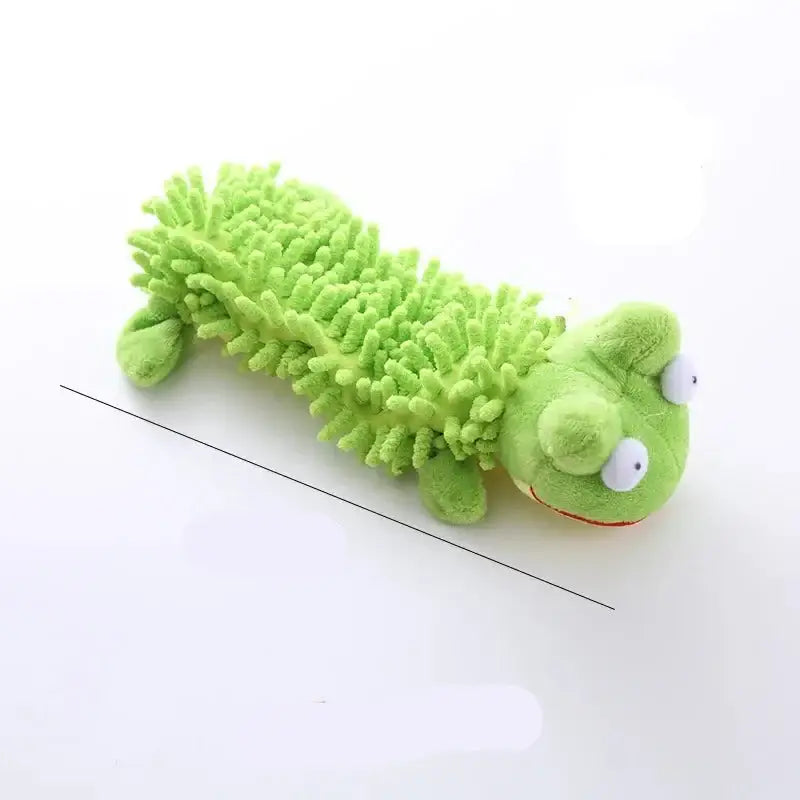 Bright green plush caterpillar toy with fuzzy texture and googly eyes.