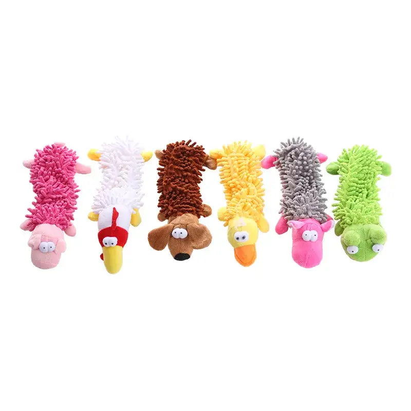 Colorful plush dog toys with long, shaggy bodies and animal-shaped heads.