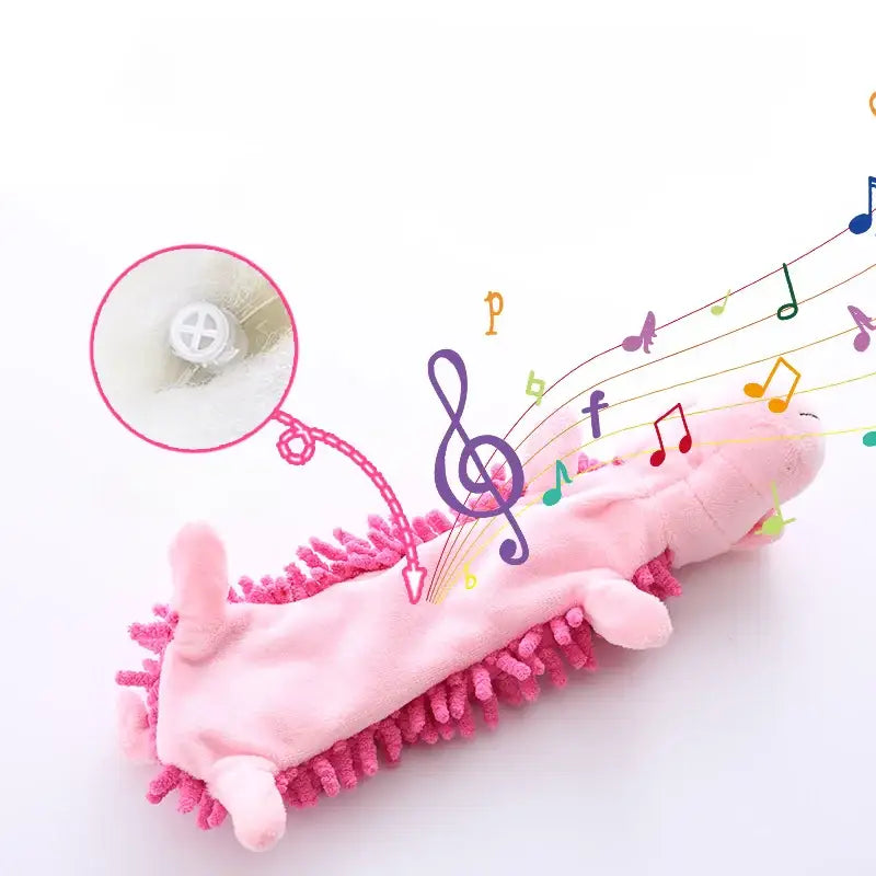 Pink microfiber duster with musical notes emanating from it.