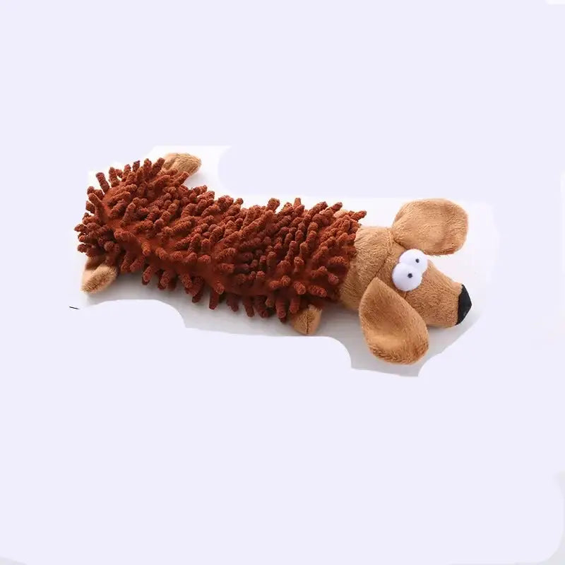 Plush dog toy with a fluffy, elongated body and floppy ears.