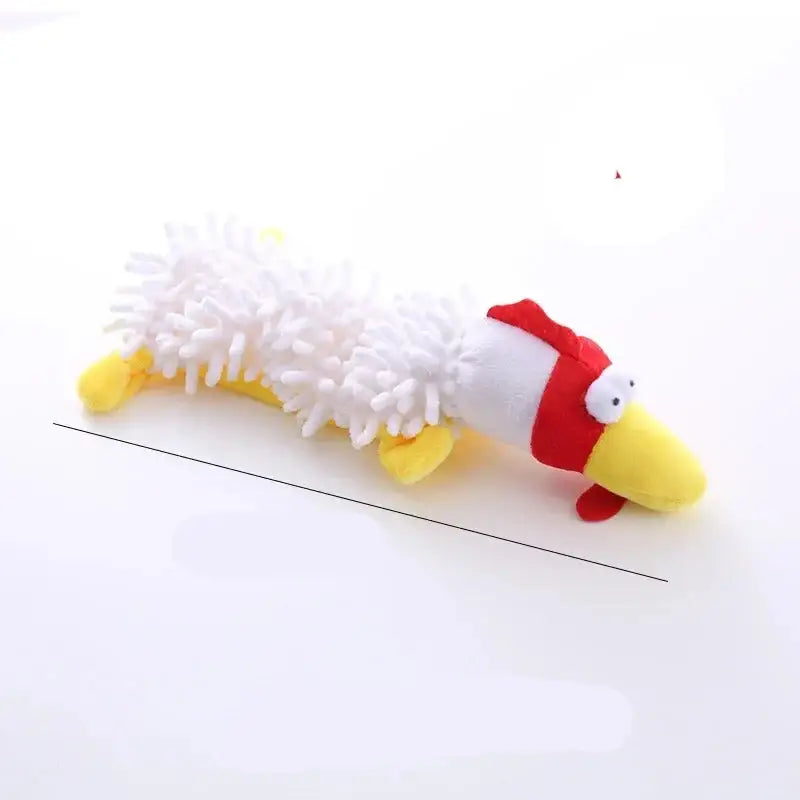 Plush toy chicken with a long, fluffy white body and red Santa hat.