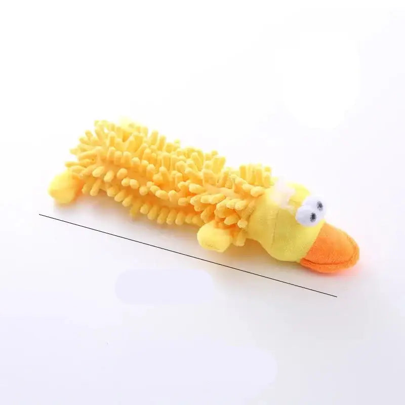 Yellow duck-shaped mop or cleaning toy with a fluffy textured body.