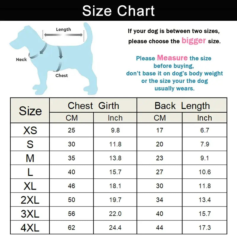 Size chart for dog clothing with measurements for chest girth and back length.