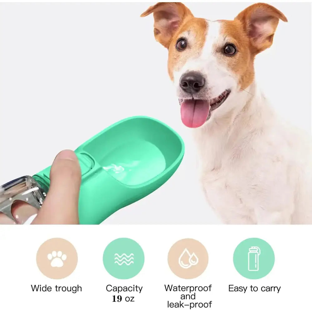 Portable green water bottle for dogs with an attached drinking trough.