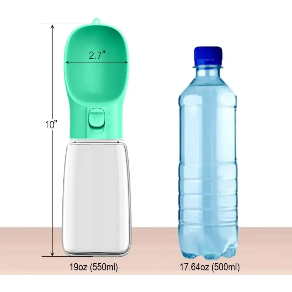 Portable pet water bottle with a built-in dispenser and bowl.