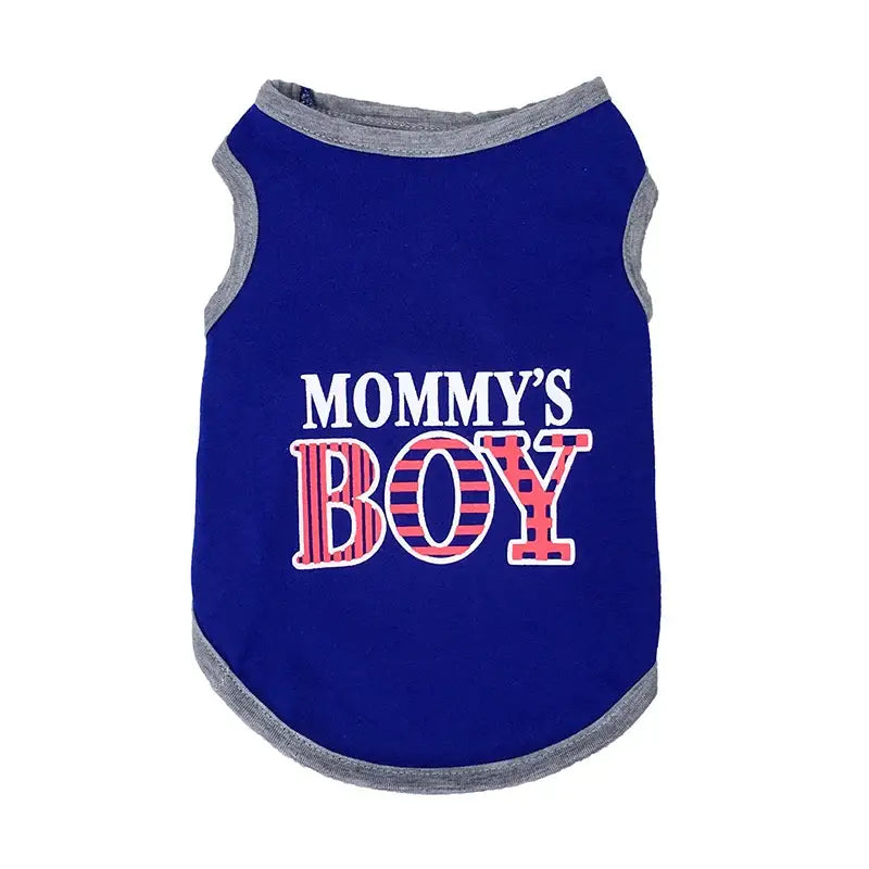 Blue dog shirt with ’MOMMY’S BOY’ text printed on it.