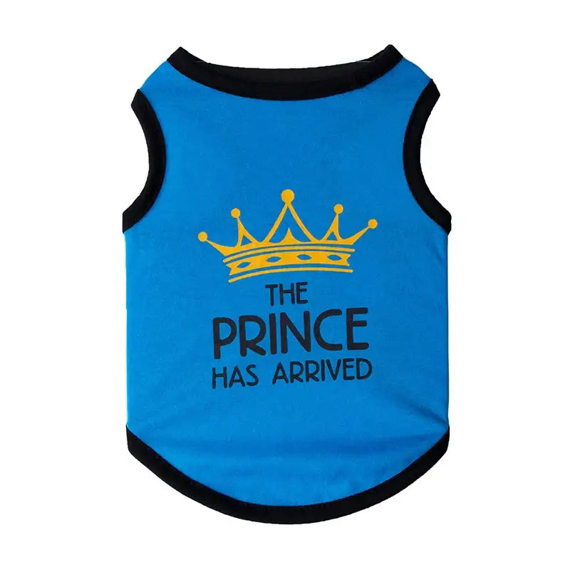 Blue dog shirt with ’The Prince Has Arrived’ text and a crown graphic.