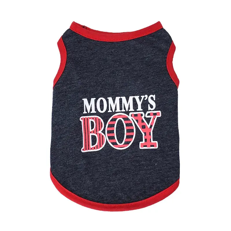 Dog shirt with ’MOMMY’S BOY’ text in white and red on a dark gray background.