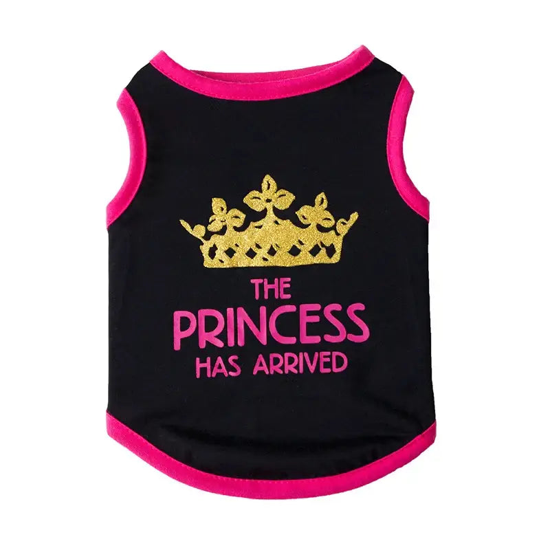 Dog shirt with ’The Princess Has Arrived’ text and a crown graphic.