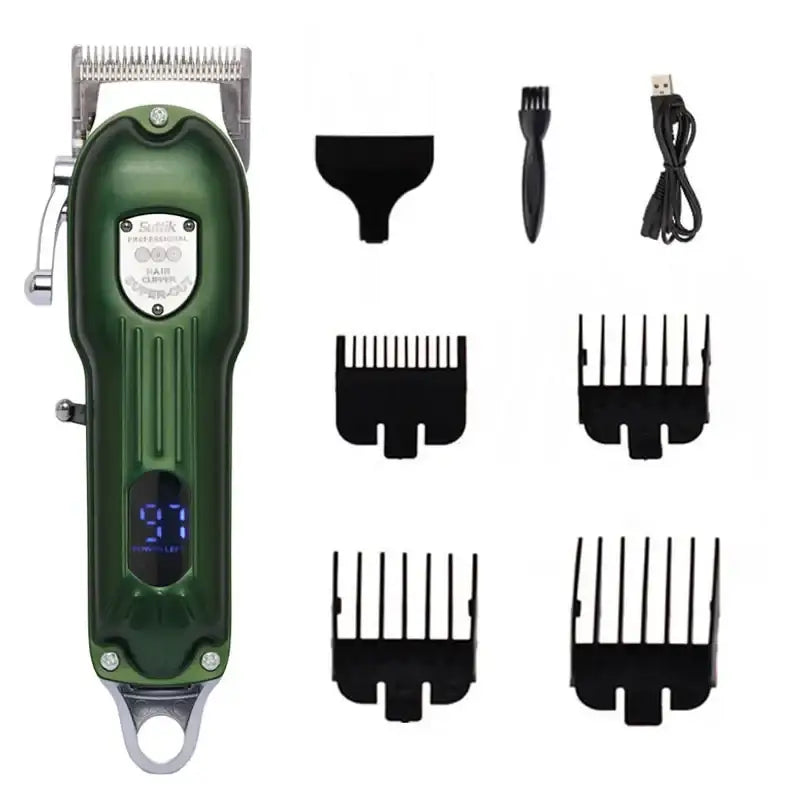 Electric hair clipper with a green body and digital display, accompanied by various attachment combs and accessories.