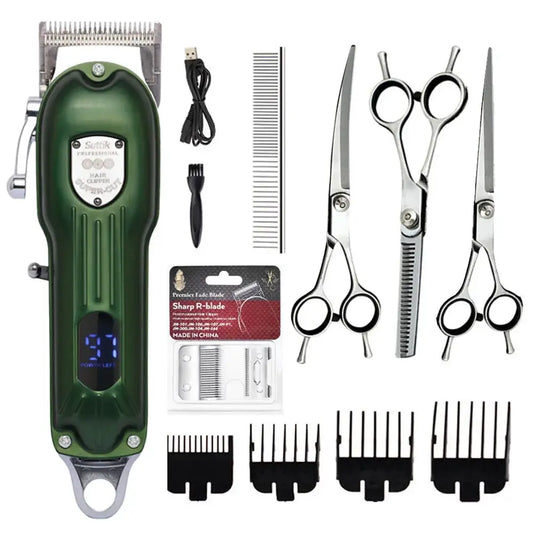 Professional-grade electric hair clipper with digital display in a dark green casing.