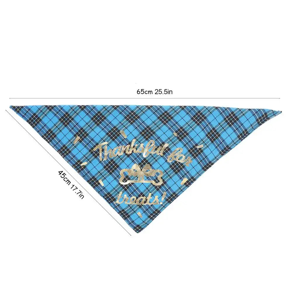 Blue plaid triangular bandana with gold ’Thankful’ text embroidery.