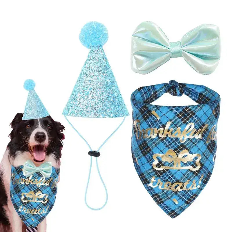 Border Collie dog wearing a blue plaid bandana and light blue bowtie.