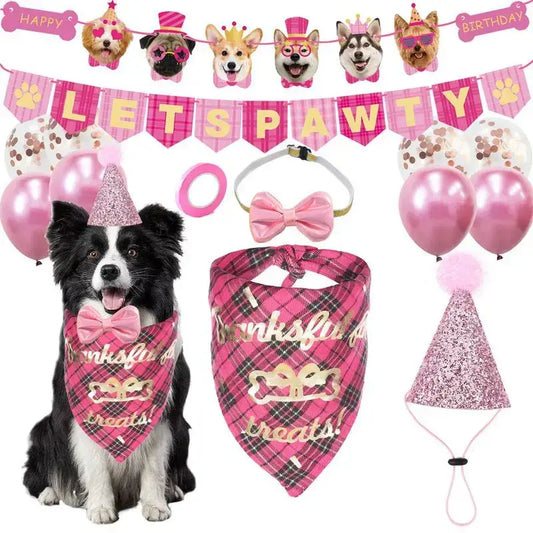 Border Collie wearing a pink plaid bandana with text.