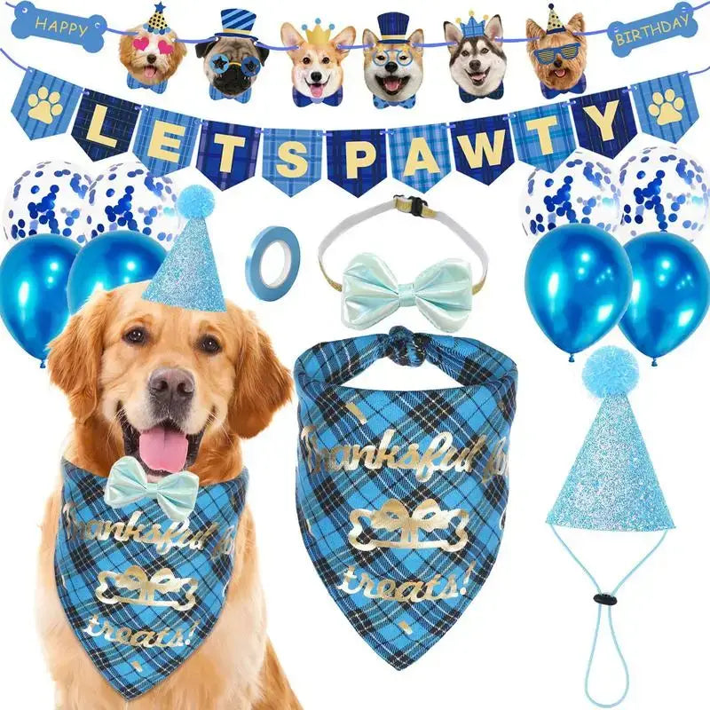 Dog birthday party decoration set featuring a golden retriever wearing a blue plaid bandana.