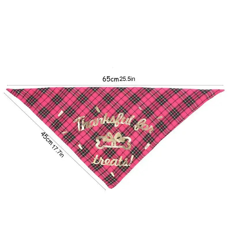 Pink plaid triangular dog bandana with ’Thankful for treats!’ text and a paw print design.